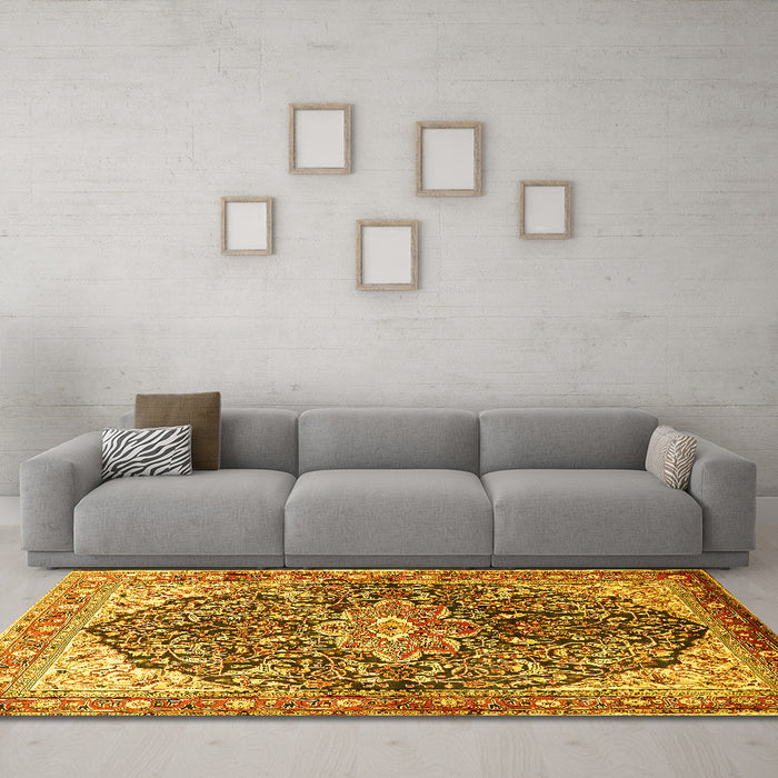 Machine Washable Medallion Yellow Traditional Rug in a Living Room, wshtr563yw