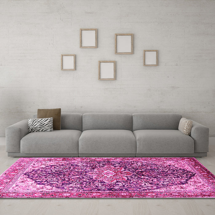 Machine Washable Medallion Pink Traditional Rug in a Living Room, wshtr563pnk