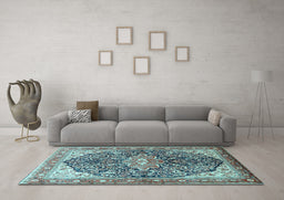 Machine Washable Medallion Light Blue Traditional Rug in a Living Room, wshtr563lblu