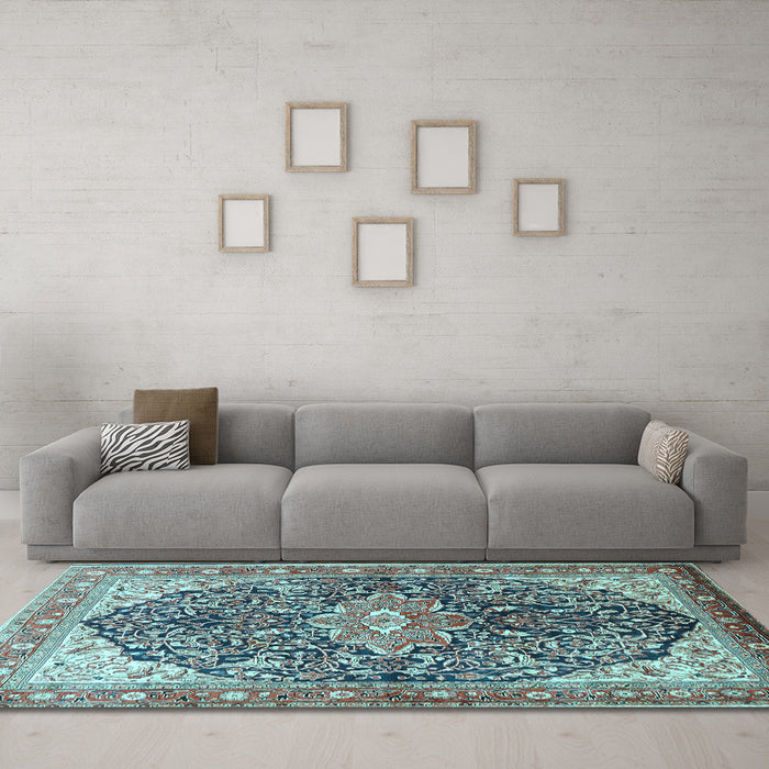Machine Washable Medallion Light Blue Traditional Rug in a Living Room, wshtr563lblu