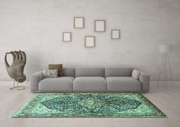 Machine Washable Medallion Turquoise Traditional Area Rugs in a Living Room,, wshtr563turq