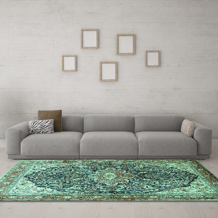 Machine Washable Medallion Turquoise Traditional Area Rugs in a Living Room,, wshtr563turq