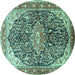 Round Machine Washable Medallion Turquoise Traditional Area Rugs, wshtr563turq