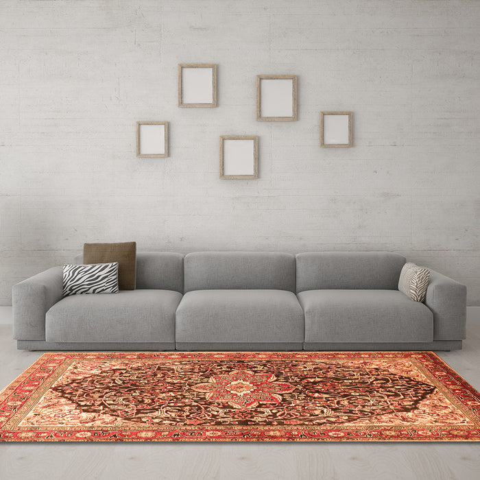 Machine Washable Medallion Orange Traditional Area Rugs in a Living Room, wshtr563org
