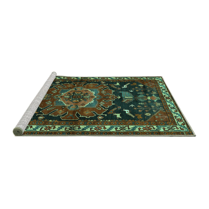 Sideview of Machine Washable Persian Turquoise Traditional Area Rugs, wshtr564turq
