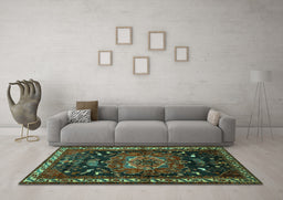 Machine Washable Persian Turquoise Traditional Area Rugs in a Living Room,, wshtr564turq