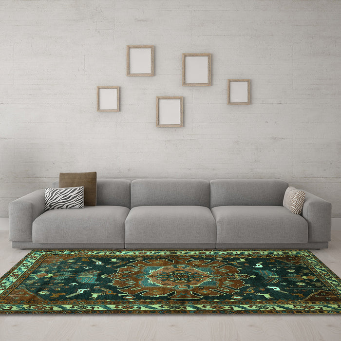 Machine Washable Persian Turquoise Traditional Area Rugs in a Living Room,, wshtr564turq