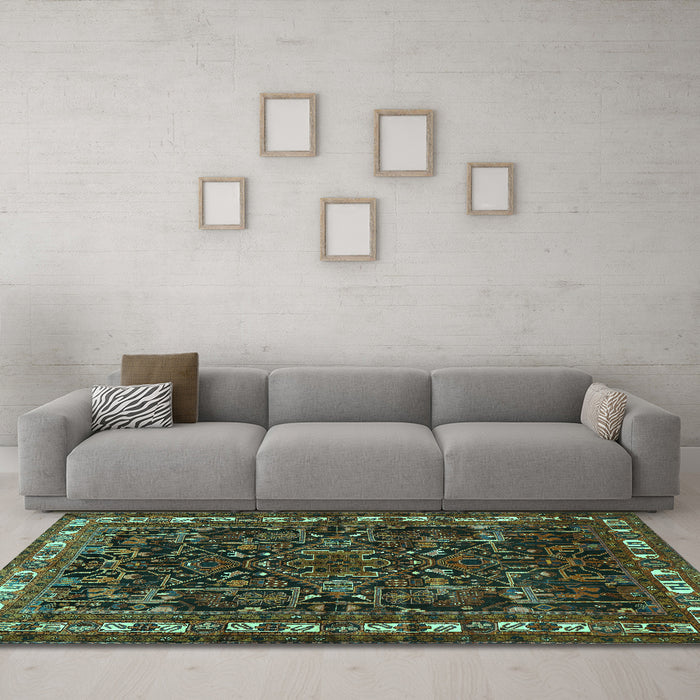 Machine Washable Animal Turquoise Traditional Area Rugs in a Living Room,, wshtr565turq