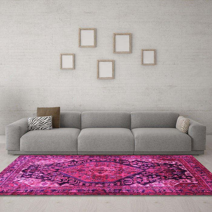 Machine Washable Persian Pink Traditional Rug in a Living Room, wshtr566pnk
