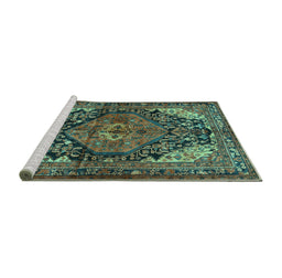 Sideview of Machine Washable Persian Turquoise Traditional Area Rugs, wshtr566turq