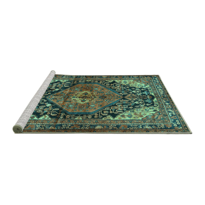 Sideview of Machine Washable Persian Turquoise Traditional Area Rugs, wshtr566turq