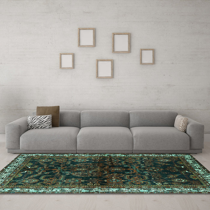 Machine Washable Persian Turquoise Traditional Area Rugs in a Living Room,, wshtr567turq