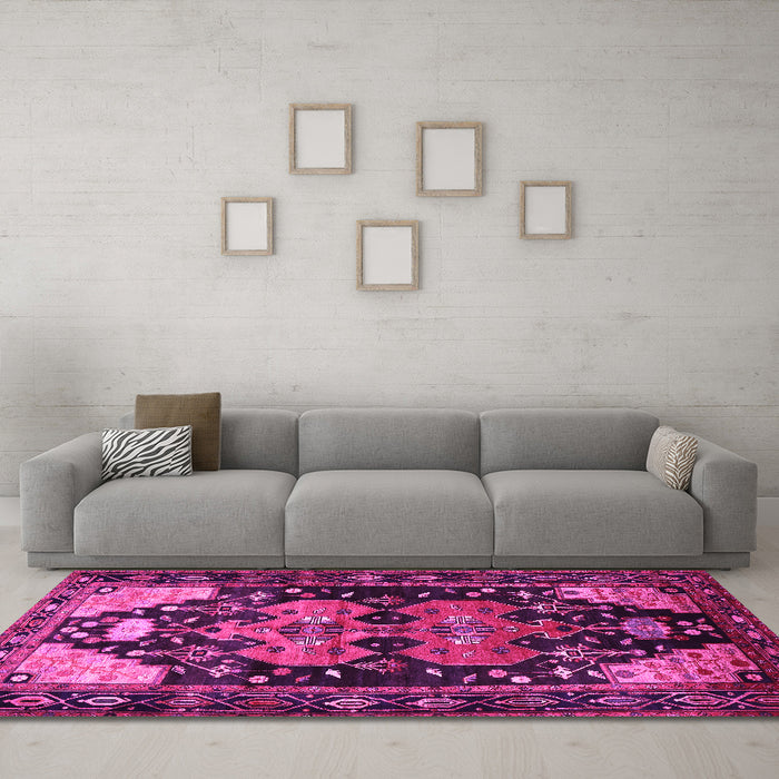 Machine Washable Persian Pink Traditional Rug in a Living Room, wshtr568pnk
