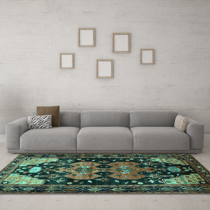Machine Washable Persian Turquoise Traditional Area Rugs in a Living Room,, wshtr568turq