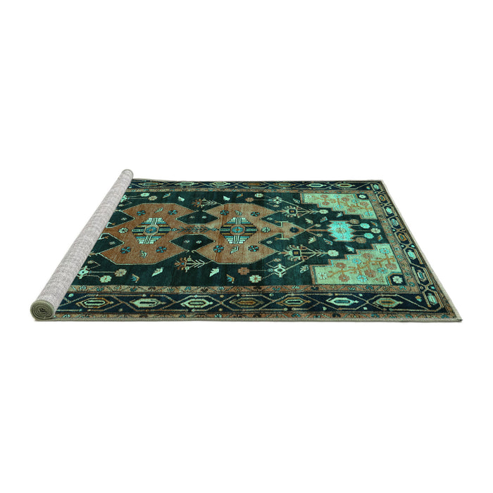 Sideview of Machine Washable Persian Turquoise Traditional Area Rugs, wshtr568turq