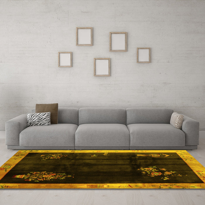 Machine Washable Oriental Yellow Asian Inspired Rug in a Living Room, wshtr56yw