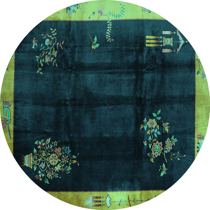 Round Machine Washable Oriental Turquoise Asian Inspired Area Rugs, wshtr56turq