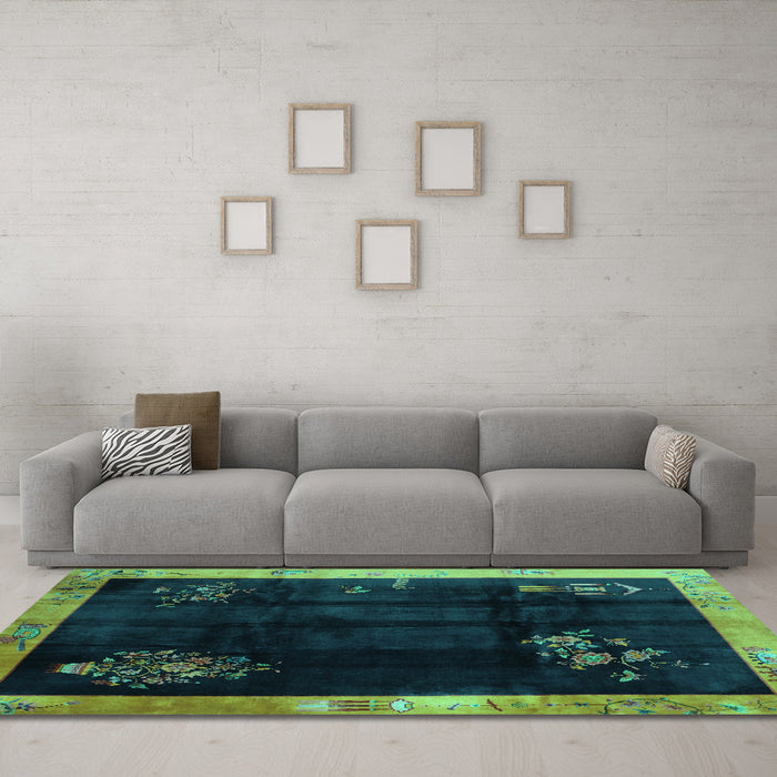 Machine Washable Oriental Turquoise Asian Inspired Area Rugs in a Living Room,, wshtr56turq