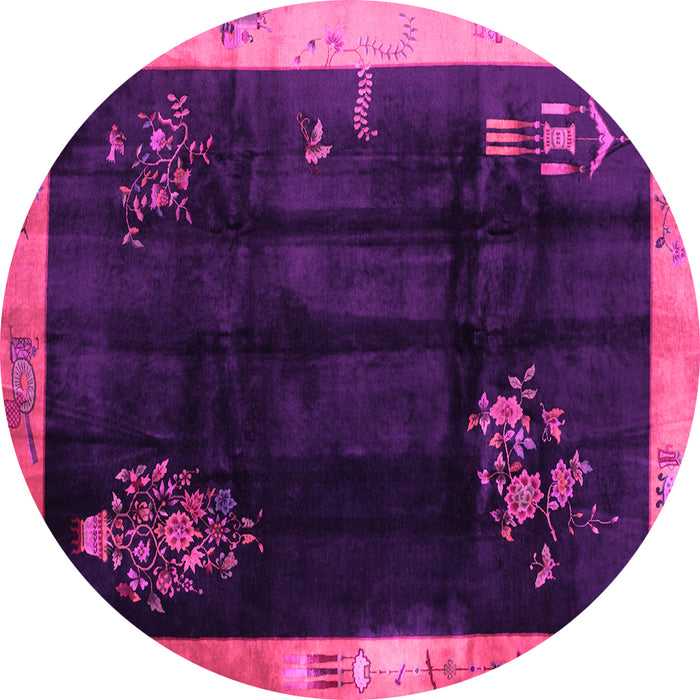 Round Machine Washable Oriental Pink Asian Inspired Rug, wshtr56pnk