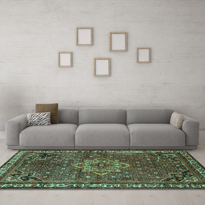 Machine Washable Persian Turquoise Traditional Area Rugs in a Living Room,, wshtr571turq