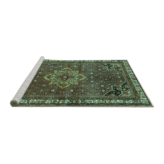 Sideview of Machine Washable Persian Turquoise Traditional Area Rugs, wshtr571turq