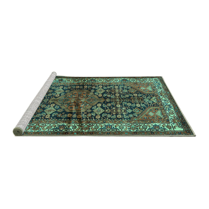 Sideview of Machine Washable Persian Turquoise Traditional Area Rugs, wshtr572turq