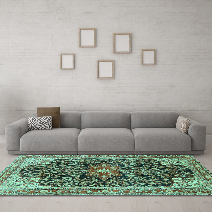 Machine Washable Medallion Turquoise Traditional Area Rugs in a Living Room,, wshtr576turq