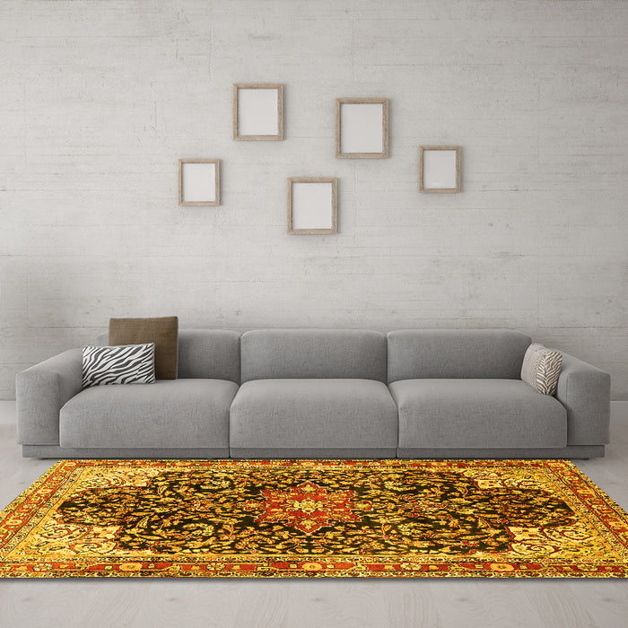 Machine Washable Medallion Yellow Traditional Rug in a Living Room, wshtr576yw