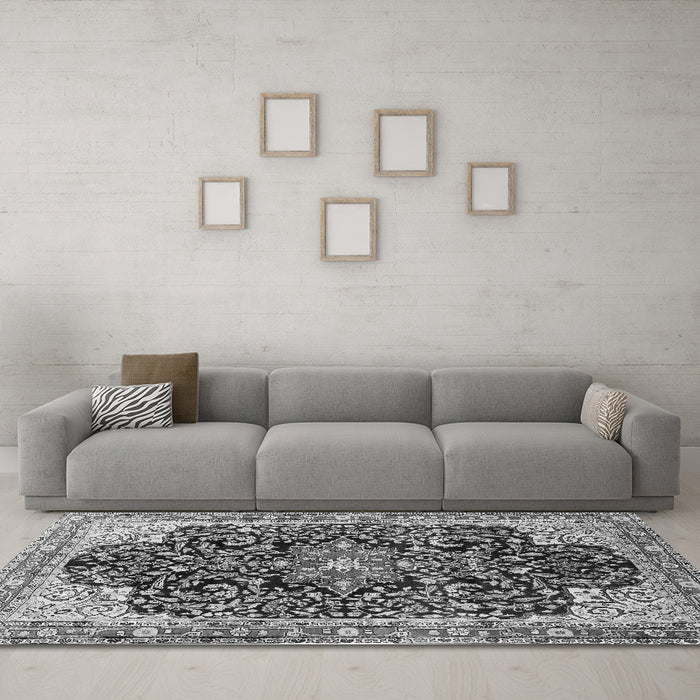 Machine Washable Medallion Gray Traditional Rug in a Living Room,, wshtr576gry