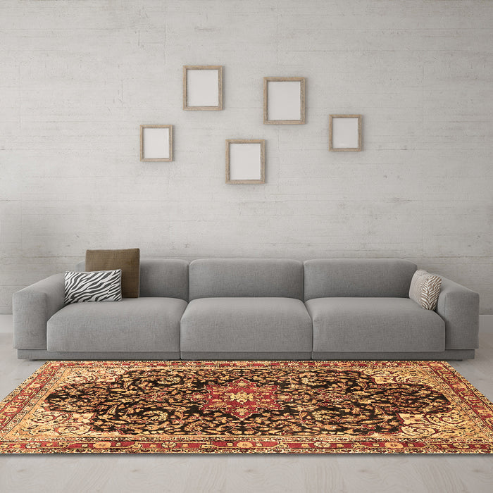 Machine Washable Medallion Brown Traditional Rug in a Living Room,, wshtr576brn