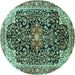 Round Machine Washable Medallion Turquoise Traditional Area Rugs, wshtr576turq