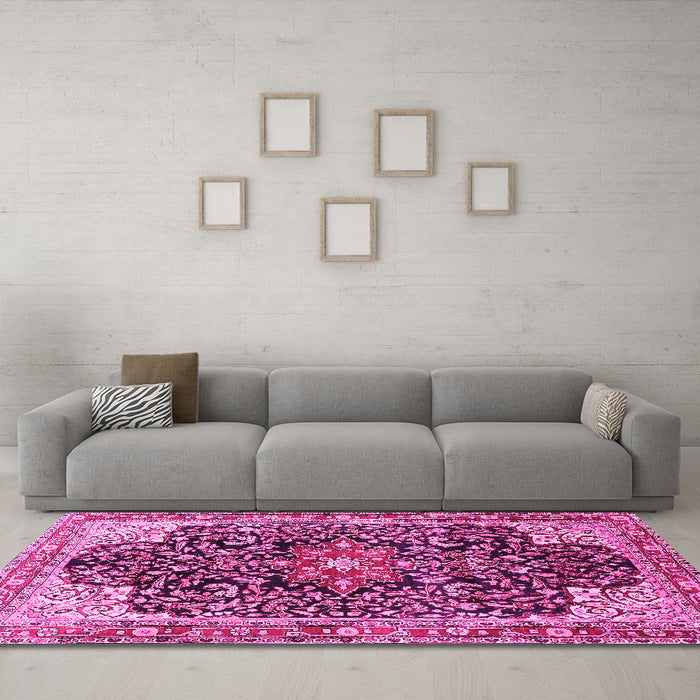 Machine Washable Medallion Pink Traditional Rug in a Living Room, wshtr576pnk