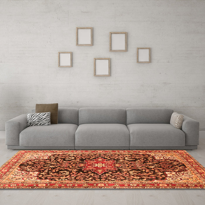 Machine Washable Medallion Orange Traditional Area Rugs in a Living Room, wshtr576org