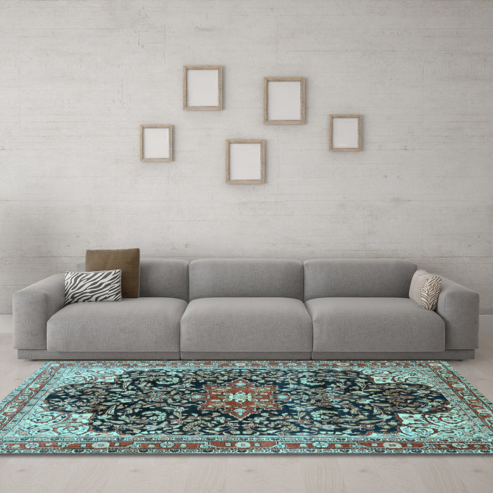 Machine Washable Medallion Light Blue Traditional Rug in a Living Room, wshtr576lblu