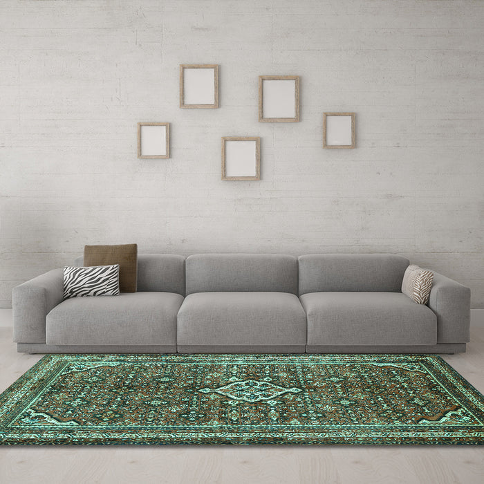Machine Washable Persian Turquoise Traditional Area Rugs in a Living Room,, wshtr577turq
