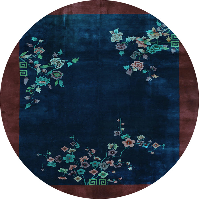 Round Machine Washable Oriental Light Blue Asian Inspired Rug, wshtr57lblu