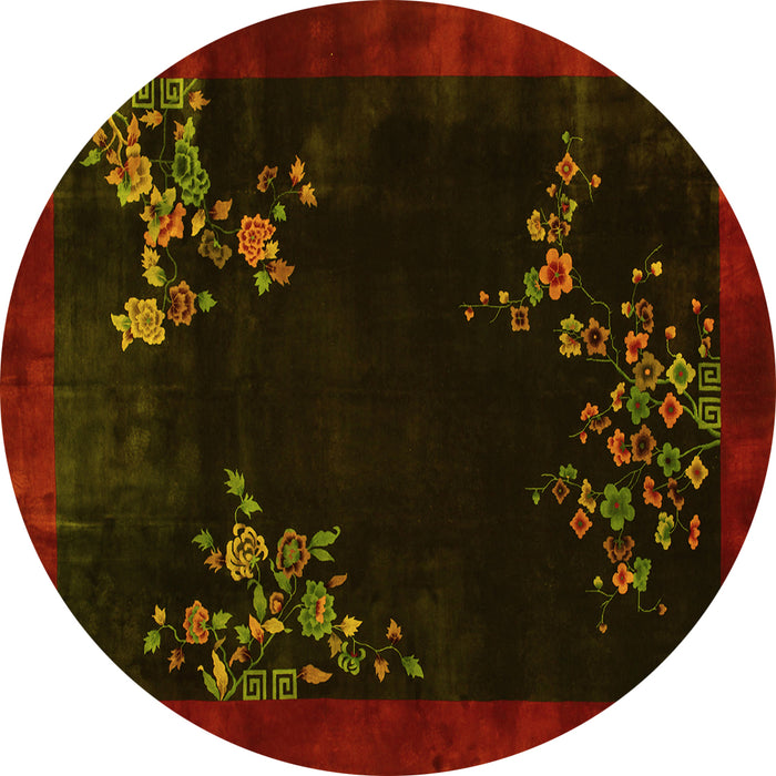 Round Machine Washable Oriental Yellow Asian Inspired Rug, wshtr57yw