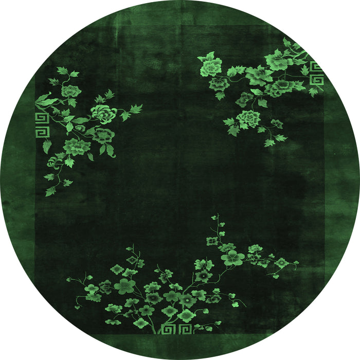 Round Machine Washable Oriental Emerald Green Asian Inspired Area Rugs, wshtr57emgrn