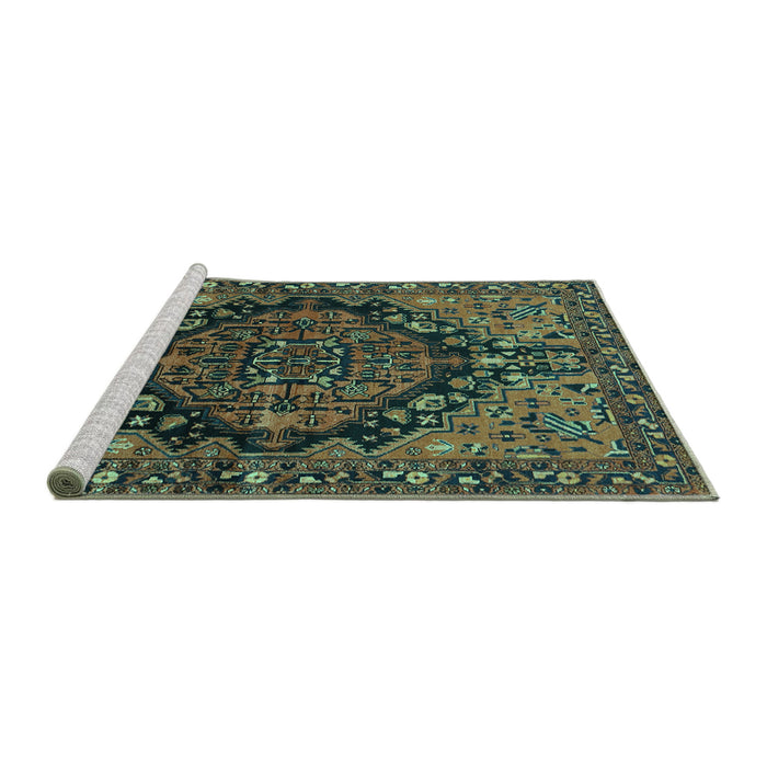 Sideview of Machine Washable Persian Turquoise Traditional Area Rugs, wshtr580turq