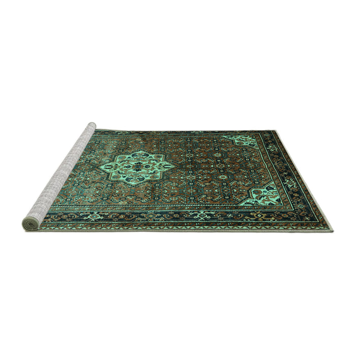 Sideview of Machine Washable Persian Turquoise Traditional Area Rugs, wshtr582turq
