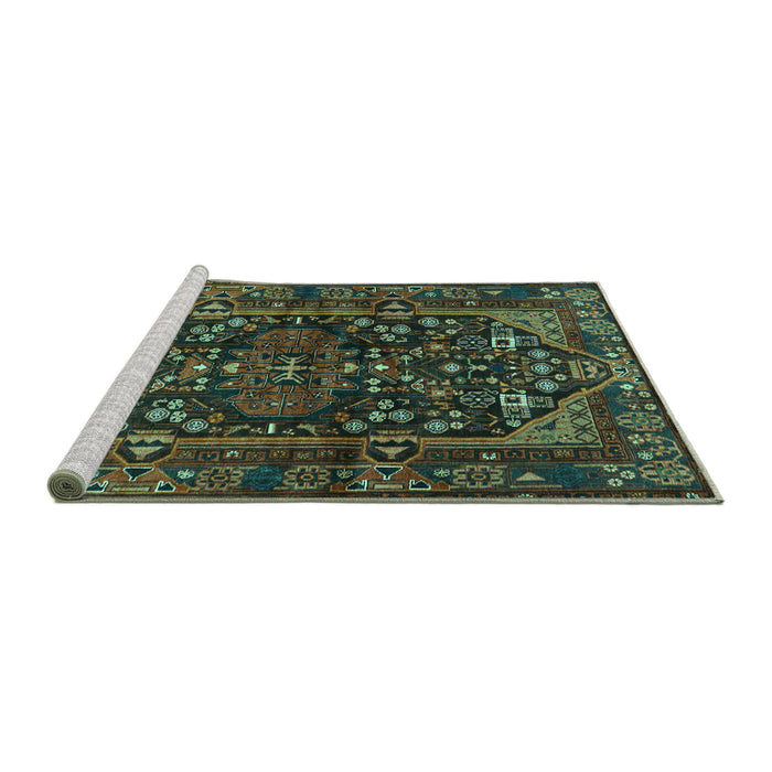 Sideview of Machine Washable Persian Turquoise Traditional Area Rugs, wshtr583turq