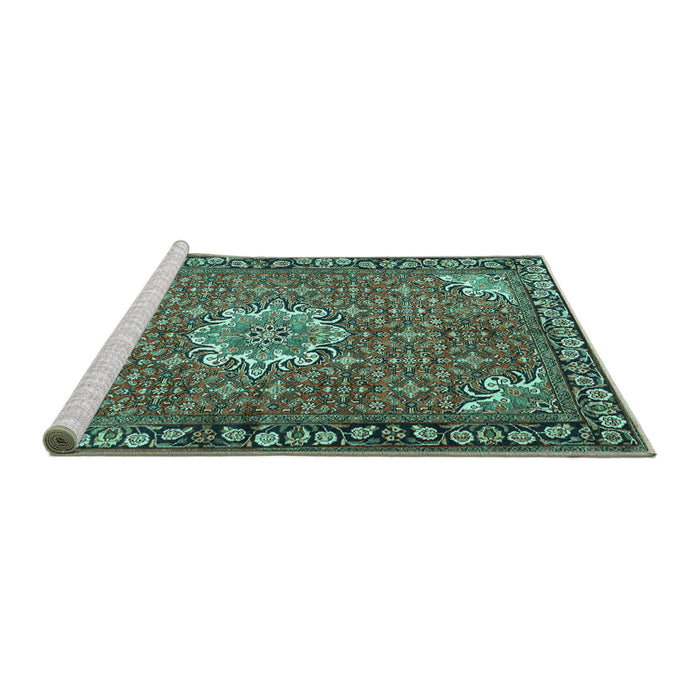 Sideview of Machine Washable Persian Turquoise Traditional Area Rugs, wshtr584turq