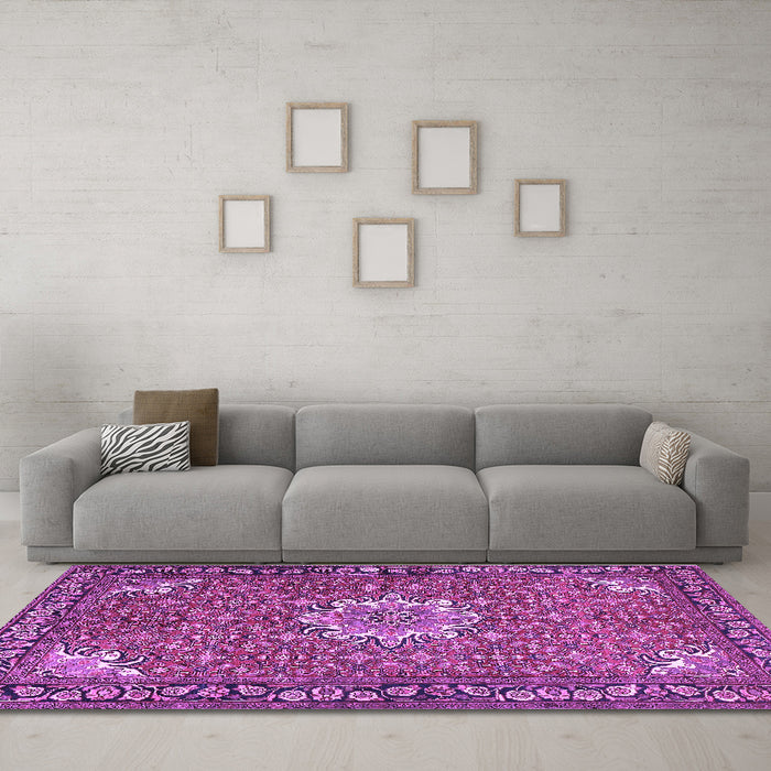 Machine Washable Persian Purple Traditional Area Rugs in a Living Room, wshtr584pur