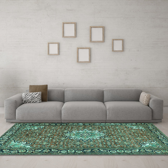 Machine Washable Persian Turquoise Traditional Area Rugs in a Living Room,, wshtr584turq