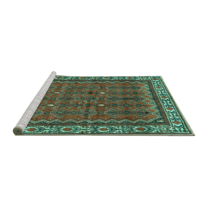 Sideview of Machine Washable Persian Turquoise Traditional Area Rugs, wshtr585turq
