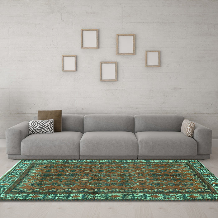 Machine Washable Persian Turquoise Traditional Area Rugs in a Living Room,, wshtr585turq
