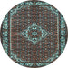 Round Machine Washable Medallion Light Blue Traditional Rug, wshtr586lblu