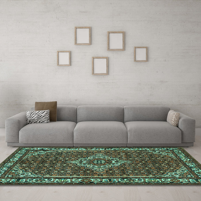 Machine Washable Medallion Turquoise Traditional Area Rugs in a Living Room,, wshtr586turq