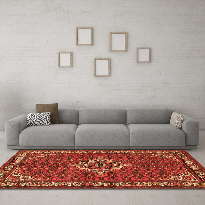 Machine Washable Medallion Orange Traditional Area Rugs in a Living Room, wshtr586org