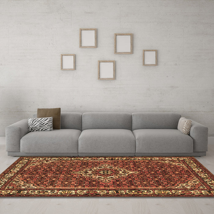 Machine Washable Medallion Brown Traditional Rug in a Living Room,, wshtr586brn
